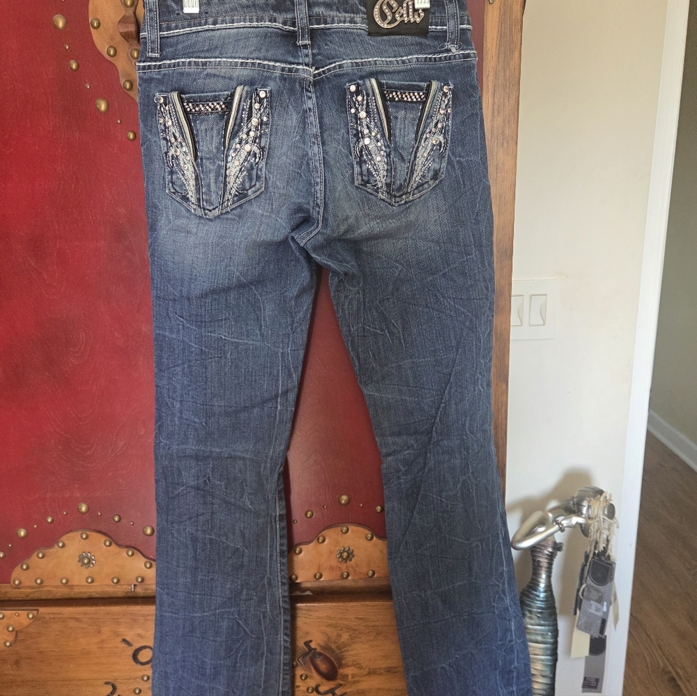 Cello Dark Blue Bootcut Jeans with Embellished Back Pockets